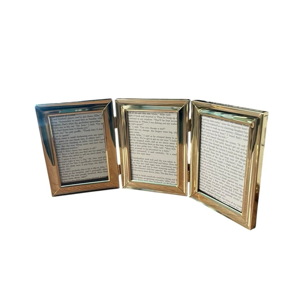 Vintage Gold Metal Tri-Fold Picture Frame | Holds Three 3x5 Photos | Minimalist